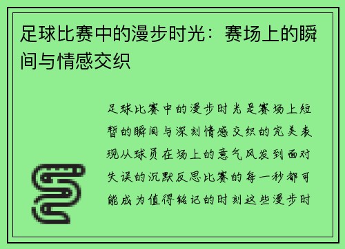 足球比赛中的漫步时光：赛场上的瞬间与情感交织